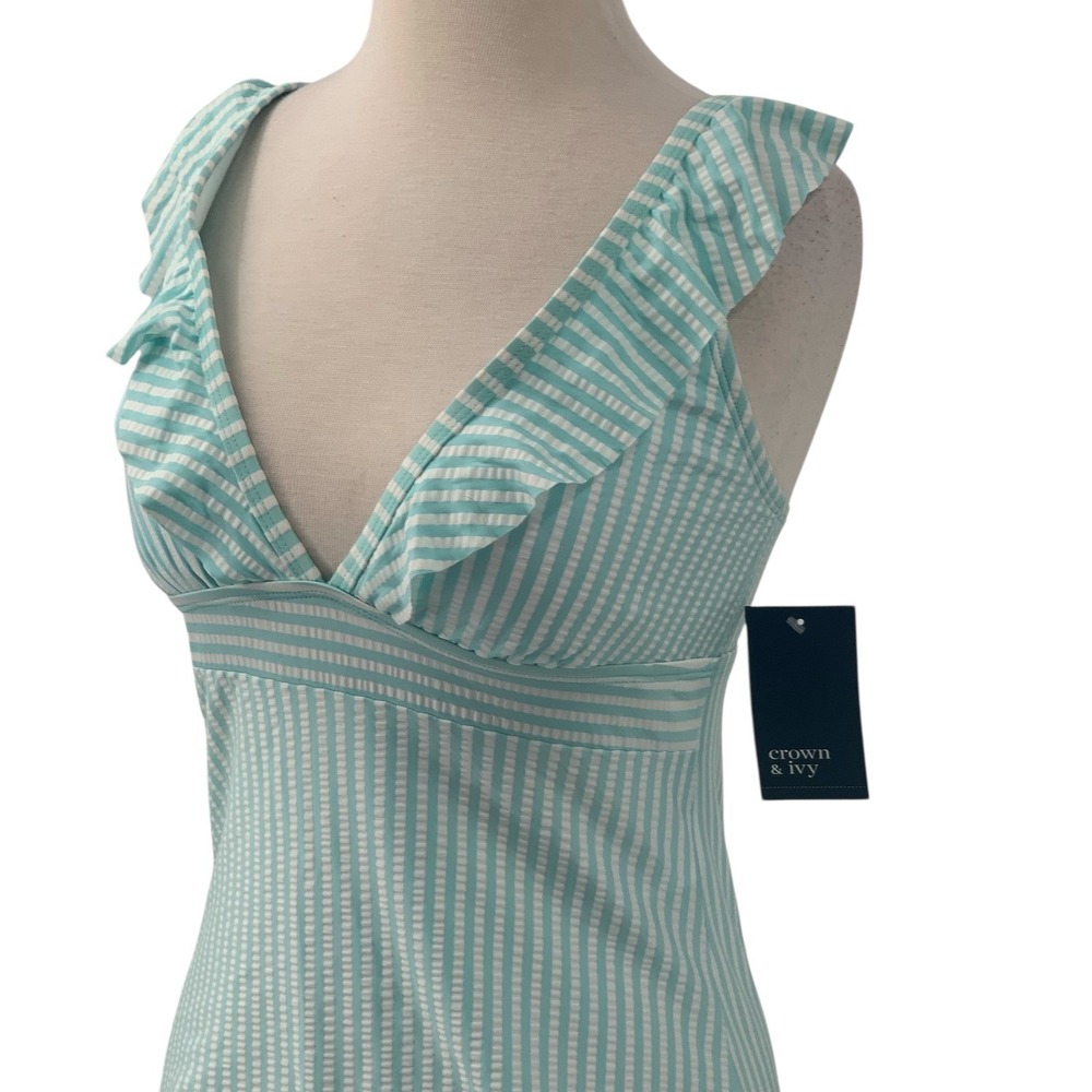 NWT Crown & Ivy Seersucker Blue/White Stripe Ruffled V-Neck Swim TankiniTop Sz S - Picture 3 of 8